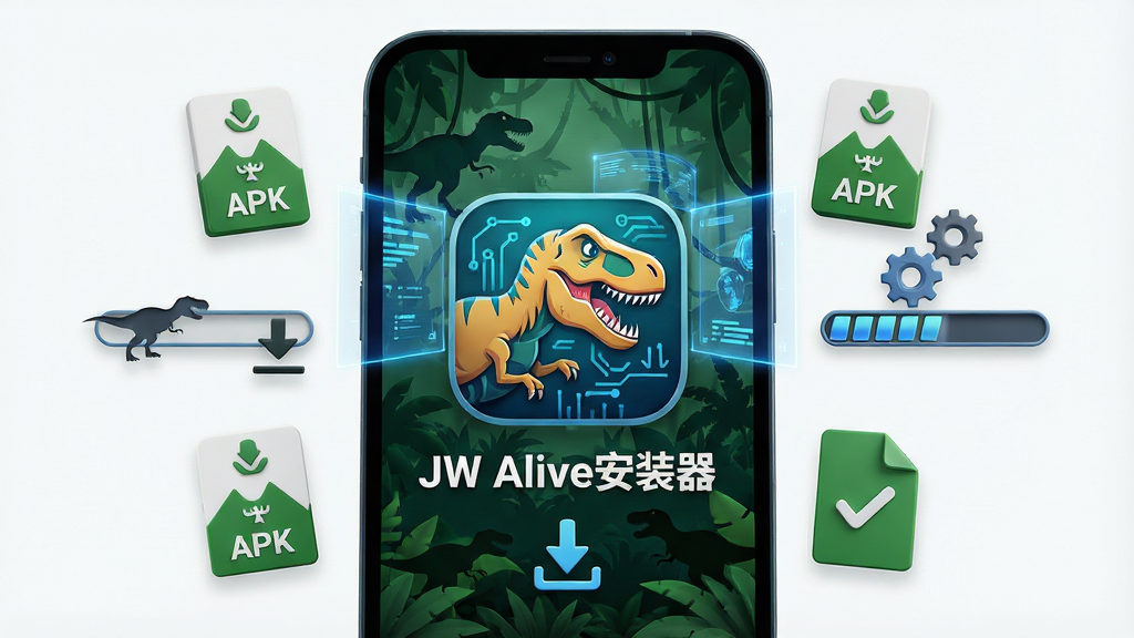 一张展示智能手机屏幕的图片,屏幕中央显示“JW Alive安装器”的图标和名称,图标风格为侏罗纪恐龙与科技感结合,背景为深绿色丛林与蓝色全息投影交织,手机周围漂浮着APK安装包图标、齿轮和进度条元素,布局为居中构图,风格为3D渲染科技风,细节包括恐龙剪影、下载箭头、文件校验符号,画质高清,干净,无多余元素
