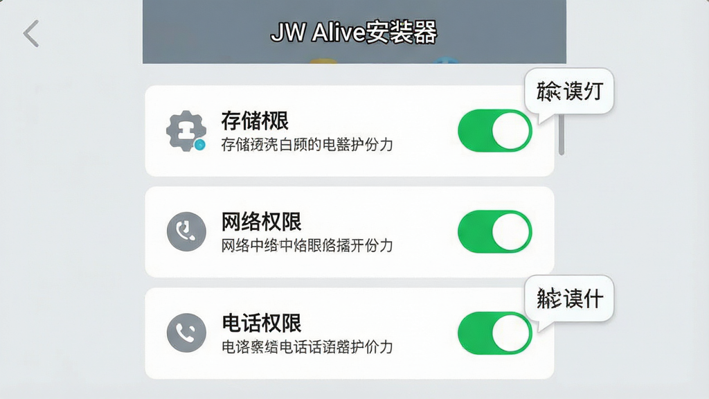 一张展示手机权限设置向导界面的图片,画面中央为“JW Alive安装器”的权限配置页面,列表显示存储权限、网络权限、电话权限的开关按钮,每个权限旁边有简短说明文字,背景为浅灰色,布局为垂直列表,风格为简洁扁平化,细节包括权限图标、绿色开启状态、提示气泡,画质高清,干净,无多余元素