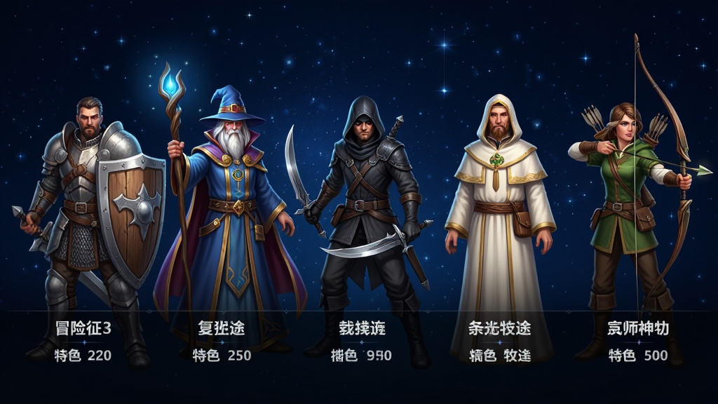 ð������;ְҵѡ����棬�����в���չʾ���ְҵ��ɫ���棬����������Ϊ�ֶ�սʿ�����ȷ�ʦ��˫�д̿͡�ʥ����ʦ���������֣�ÿ����ɫ�·���עְҵ��������ɫ��ǩ������Ϊ����ɫ�ǿ����������������������ɫϸ�ھ��£����ʸ��壬�ɾ��޶���Ԫ��