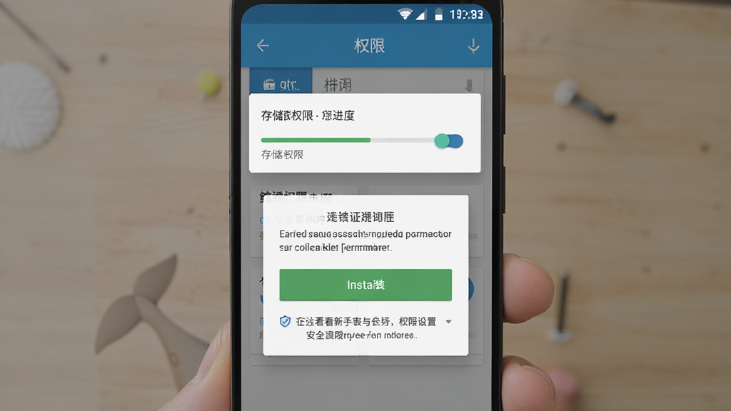 鲸看看新手安装与权限设置示意图,主体为手机屏幕展示安装进度条与权限请求弹窗,布局为居中卡片式排版,风格为扁平化安卓系统UI,细节包含存储权限开关、安装按钮、安全提示文字,画质高清,干净,无多余元素