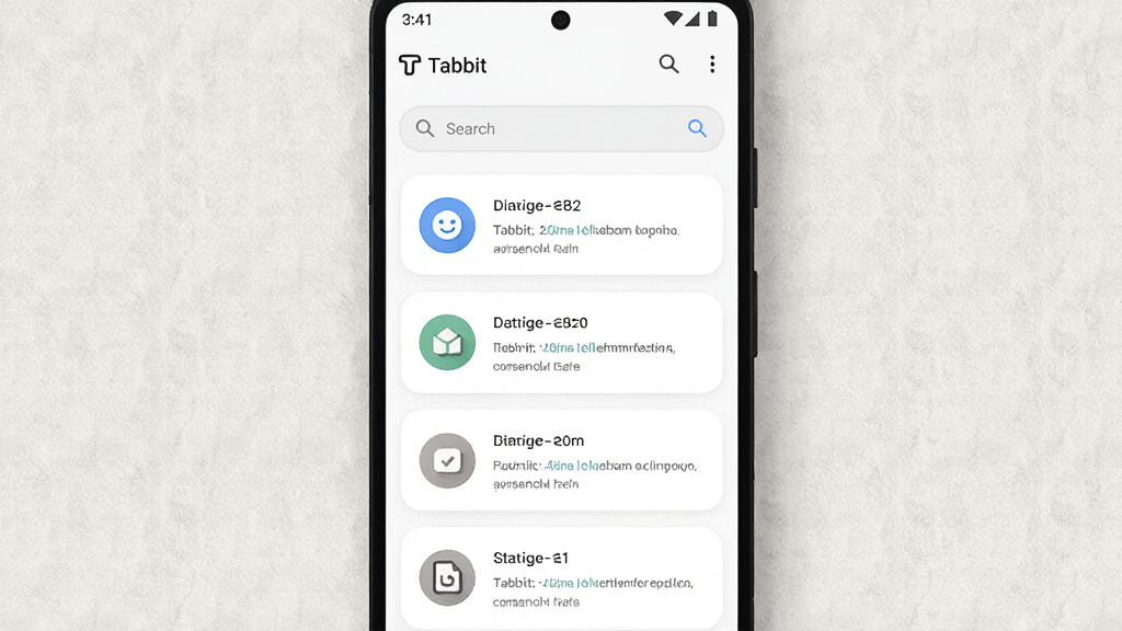 ��������Ϊһ����׿�ֻ�����Ļ��ʾ��Tabbit���������棬������λ�ڶ������·����ж������������Ƭ����Ƭ����ͼ���ժҪ���֣�����Ϊǳɫ����������Ϊ��ֱ�б������Ϊ���¼�Լ��ϸ�ڰ���Բ�����������ͷָ��ߣ����ʸ��壬����ɾ����޶���Ԫ�ء�