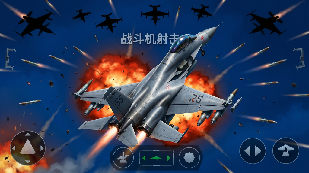 画面中央是一架银灰色现代战斗机,机翼两侧挂载导弹,正向上方高速爬升,背景是深蓝色天空与橘红色爆炸火光,四周散布敌机剪影与密集弹幕轨迹;布局采用竖版手机屏幕比例,上方为敌机群,下方为玩家战机与操作按钮区域;排版简洁,主体战机占据画面中心偏下位置;风格为写实军事插画风格,色彩对比强烈;细节包括机身上的编号、座舱反光、导弹尾焰、爆炸碎片;画质高清,画面干净,无多余元素,图片中央位置有文字“战斗机射击”标题