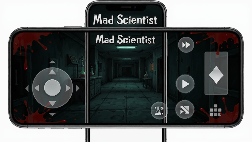 ����չʾMad Scientist��Ϸ�ƶ��˲������棬�������ֻ���Ļ��ʾ��Ϸ���棬���������ҡ�ˣ��Ҳ��н�����ť���ӽǻ������򡣲��ֲ����ֻ�������д����Ļ����ʾ����ʵ�������ȳ������Ű�����Ϸ����
