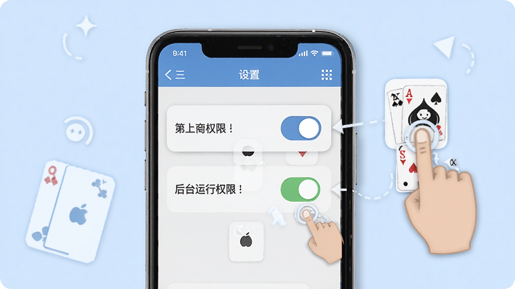 轻松记牌器新手使用教程示意图,画面为手机屏幕展示记牌器设置界面,界面中有悬浮窗权限开关、后台运行权限开关等选项,旁边有手指点击操作的示意图标,背景为浅蓝色,整体风格教学清晰,布局合理,画质干净,无多余元素