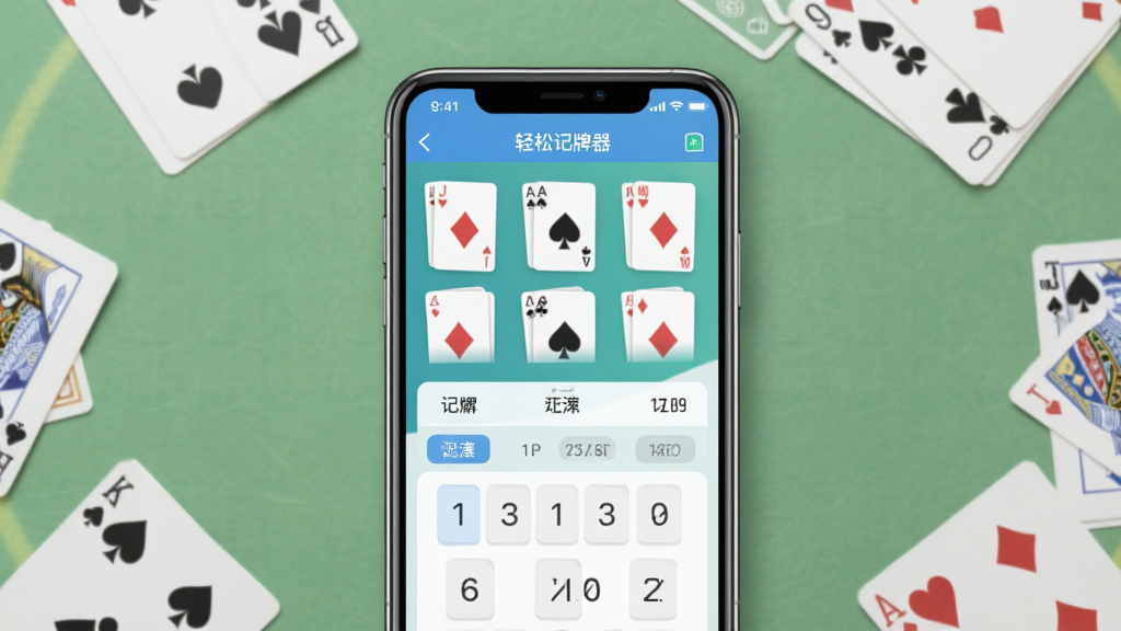 轻松记牌器软件主界面展示,画面中央放置一部智能手机,手机屏幕上显示棋牌记牌器应用界面,界面中包含扑克牌图标和记牌数据面板,背景为柔和的绿色桌面,周围散落着扑克牌元素,整体风格清新简洁,布局居中对称,画质清晰干净,无多余装饰元素,适合软件下载站展示用图