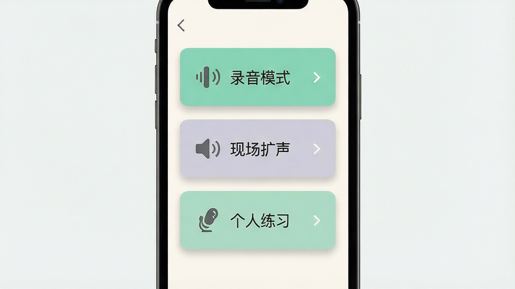 一张展示场景预设切换功能的图。主体是手机屏幕上有三个卡片式按钮,分别写着“录音模式”、“现场扩声”、“个人练习”。布局为垂直列表。排版清晰。风格为清新扁平化设计。细节包括卡片有柔和阴影,背景为浅色。画质干净,无多余元素。