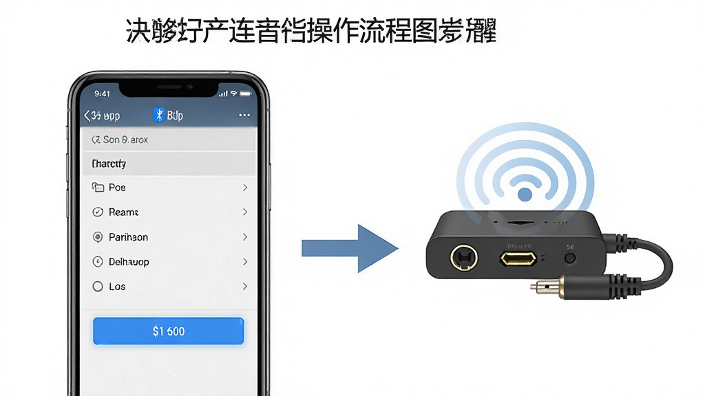 一张展示手机连接音频设备的操作流程图。主体是手机屏幕显示蓝牙搜索列表,旁边有箭头指向一个音频接口设备。布局为左右分步展示。排版清晰。风格为教程图解。细节包括手机界面有高亮按钮,设备图标有信号波纹。画质干净,无多余元素。