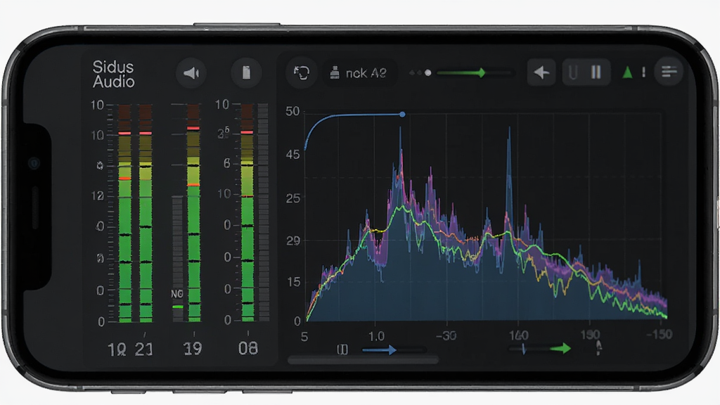 一张展示 Sidus Audio 实时监听界面的概念图。主体是手机屏幕特写,显示着动态电平柱和频谱曲线。布局为屏幕居中。排版紧凑。风格为专业音频软件UI风格。细节包括深灰色背景、彩色电平指示、精细的刻度线。画质高清,干净,无多余元素。