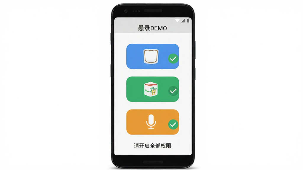 һ����׿�ֻ���Ļ��ʾ����¼DEMO����Ȩ�������������棬�������������������������洢����˷�����Ȩ��ͼ�꣬ÿ��ͼ���Ա�����ɫ�Ĺ�ѡ��ǣ��ֻ��·���һ�����֡��뿪��ȫ��Ȩ�ޡ�������Ϊ�ֻ���Ȩ��ͼ�꣬�����������У����Ϊ��ƽ������ҳ��ƣ�ϸ����ͼ�����Բ�Ǿ��ε�ɫ����ɫ�ֱ�Ϊ�����̡��ȡ����ʸ��壬����ɾ����޶���Ԫ�ء�