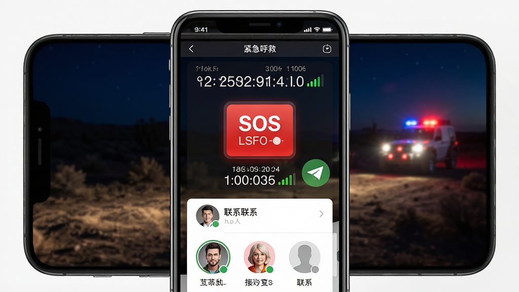 ԽҰ��˾��App�������Ƚ��棬�ֻ���Ļ��ʾ��ɫSOS��ť�뾭γ���������֣��Ա��ж��ŷ���ͼ������ϵ���б�������Ϊ��Ұҹ�䳡����Զ���о�Ԯ�����ƹ⡣����Ϊ�ֻ����У�SOSԪ��ͻ����ʾ�����Ϊдʵ��ȫ��ʾ�磬ϸ�ڰ����������֡��źŸ��������ϵ��ͷ�񡣻����������ɾ��޶���Ԫ�ء�