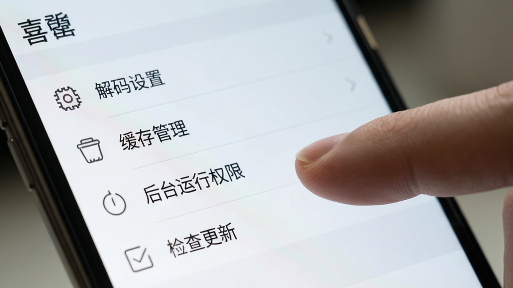 一张手机屏幕特写图,展示“喜乐”应用的设置菜单界面,菜单项包括“解码设置”“缓存管理”“后台运行权限”“检查更新”等,界面采用浅色主题,图标为线性风格,手指正在点击“解码设置”选项,画面清晰聚焦,背景虚化,风格写实,画质干净