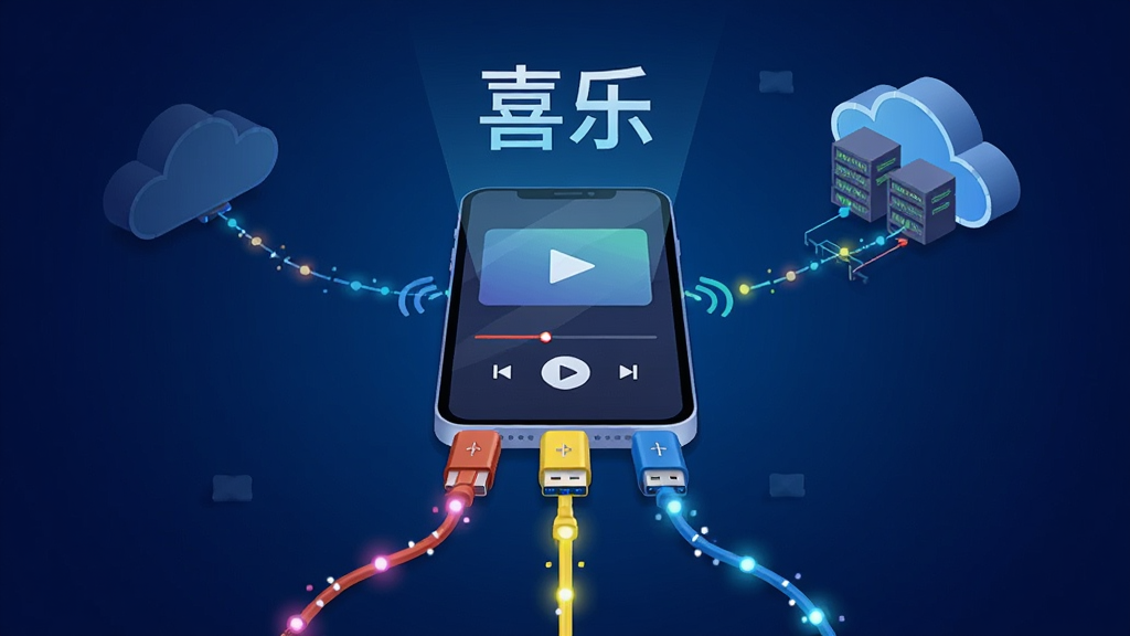 一张表现网络信号与播放线路切换概念的科技感插图,画面中央是一部智能手机,手机屏幕里显示播放器界面,下方伸出三条不同颜色的数据线连接至远处的云端服务器,每条线路上有闪烁的光点表示数据流通,手机上方悬浮着“喜乐”字样,背景为深蓝色渐变,风格简洁科技感强,画质干净清晰