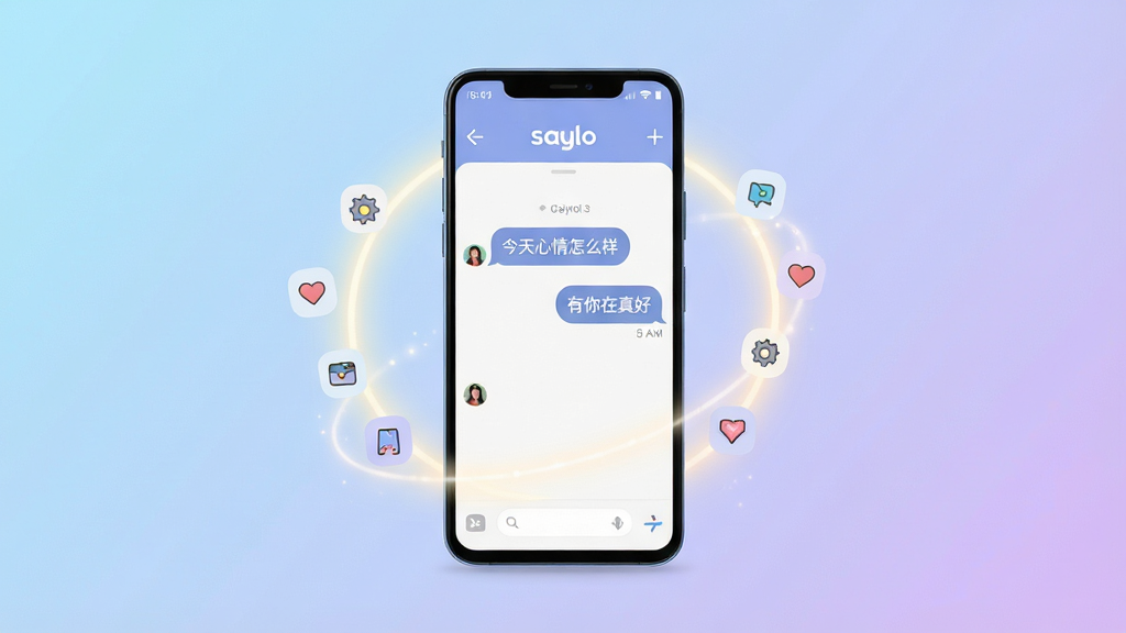 画面中央放置一部安卓手机,手机屏幕上显示Saylo聊天界面,界面中有两个对话气泡,气泡内分别写着