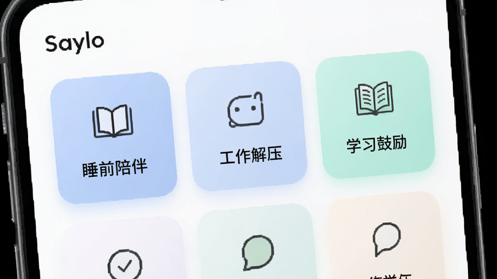 画面展示Saylo应用内的场景模式选择界面,界面上有多个圆角矩形卡片,卡片上分别写着