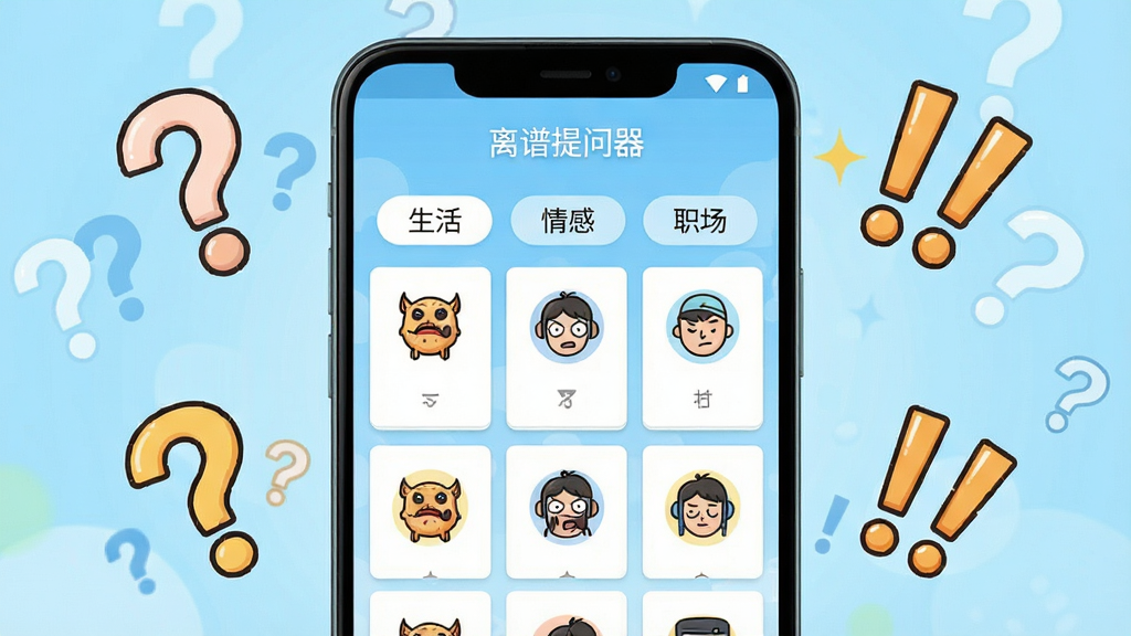 一部安卓手机屏幕展示离谱提问器题库列表界面,屏幕中显示多个分类标签如