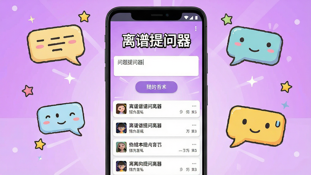 一张展示离谱提问器软件界面的手机预览图,画面中央放置一部竖直的安卓手机,手机屏幕显示离谱提问器应用主界面,顶部有醒目的软件名称