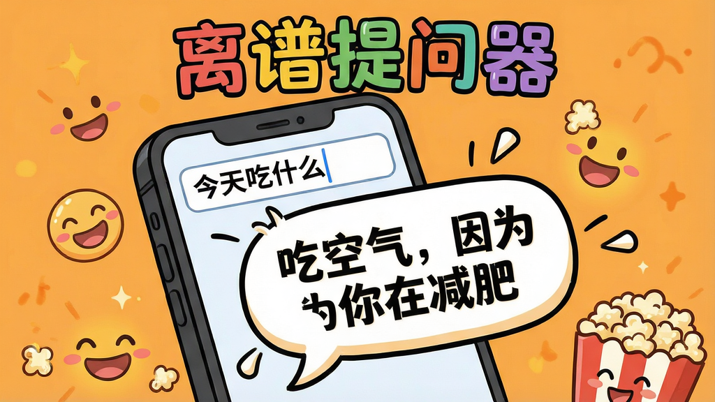 一张展示离谱提问器答案生成过程的创意插图,画面中一部手机屏幕显示输入框内写着