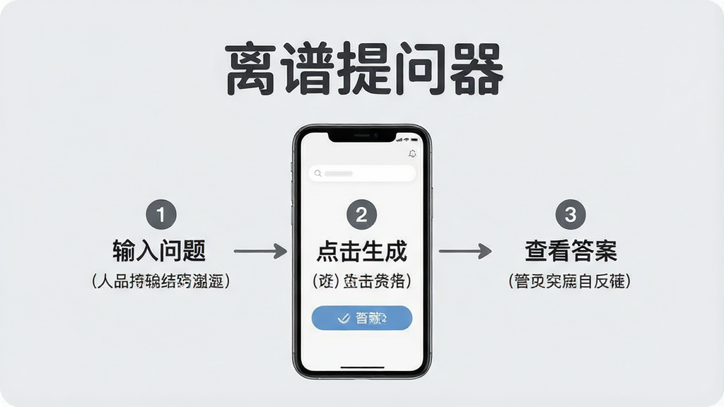 一张展示离谱提问器操作流程的简洁示意图,画面中一部手机屏幕显示主界面,用数字标注了