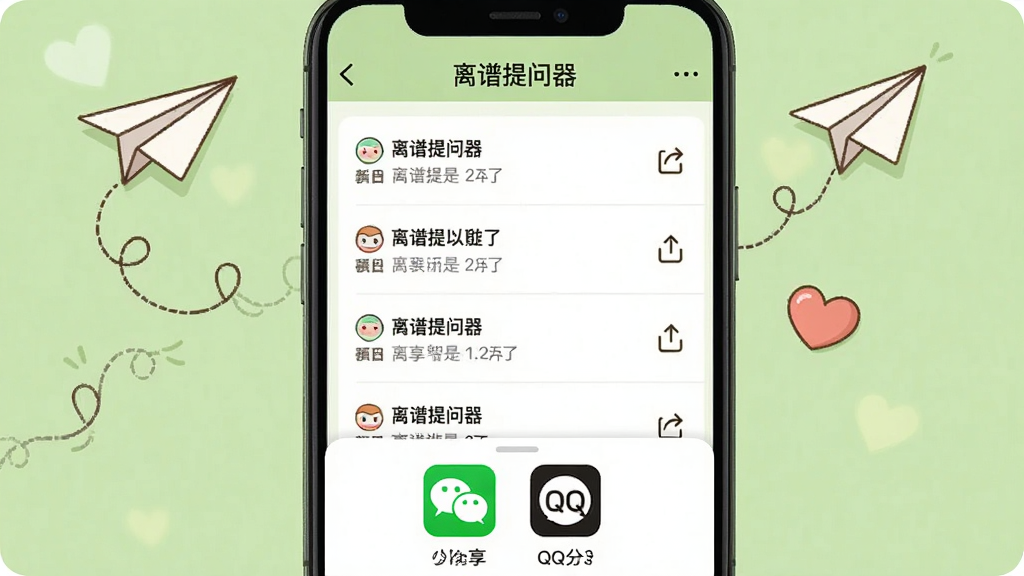 一部手机屏幕展示离谱提问器的历史记录页面,列表中排列着多条问答记录,每条右侧有分享图标,屏幕底部弹出分享菜单包含微信和QQ图标,软件名称