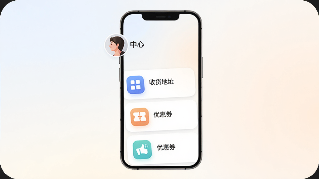 客拉客商城个人中心页面展示图,主体为一部手机屏幕,画面中显示头像、收货地址、优惠券、客服入口等图标纵向排列,布局整齐,背景为浅色渐变,风格柔和圆角,细节包括图标与文字标签,画质清晰干净,无杂乱元素