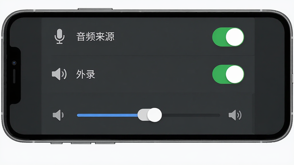 一个录制软件音频设置界面,主体为手机屏幕显示音频来源选项,布局为列表式排列,排版清晰展示内录与外录开关,风格为简约商务风,细节包含麦克风图标、扬声器图标、音量调节滑块,画质高清干净无多余元素