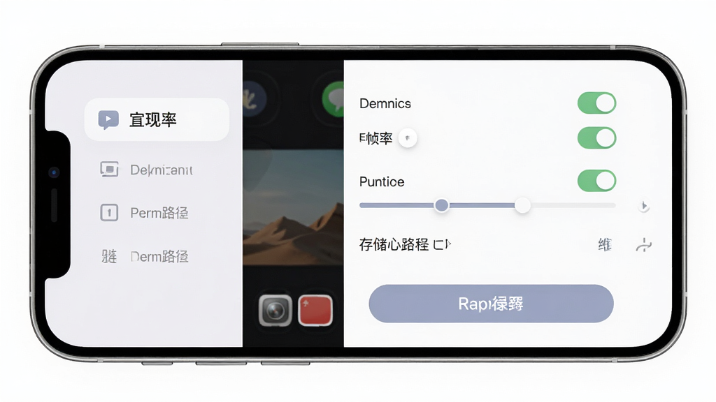 一个录制软件使用教程示意图,主体为手机屏幕显示录制设置界面,布局为左右分栏左侧为功能菜单右侧为参数调节,排版清晰展示分辨率与帧率选项,风格为柔和圆角风,细节包含权限开关、存储路径、录制按钮,画质高清干净无多余元素