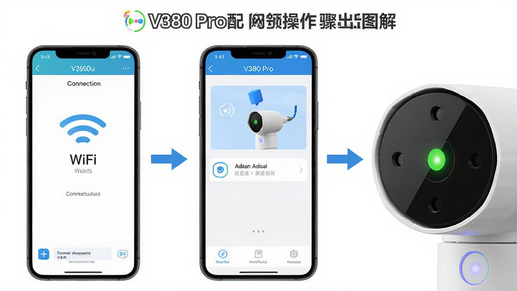 一张展示V380 Pro配网操作步骤的图解,画面分为三个部分,左边是手机连接WiFi的界面,中间是V380 Pro添加设备的界面,右边是摄像头指示灯慢闪的特写,用箭头连接三个步骤,整体风格简洁教程风,布局横向排列,细节清晰,画质高清,画面干净,无多余元素