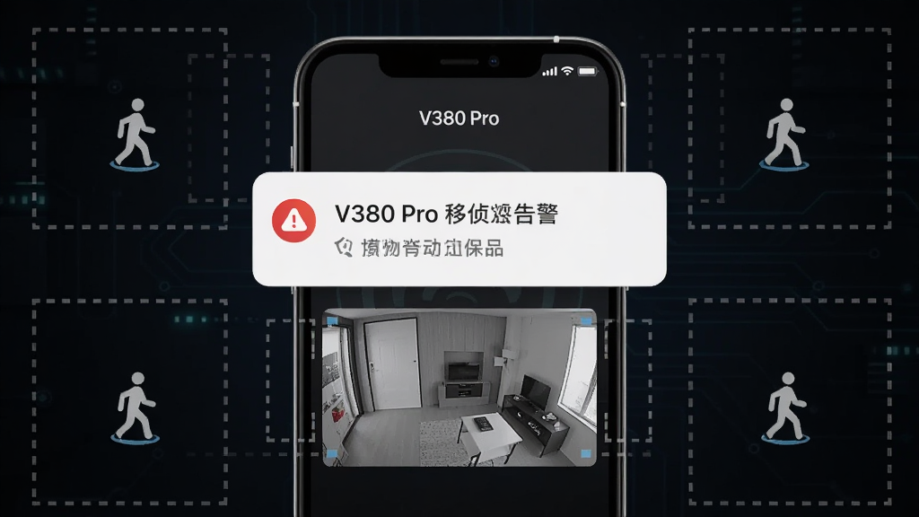 一张表现V380 Pro移动侦测告警功能的示意图,画面中央是一部手机,屏幕上弹出一条带有红色警示图标的告警通知,通知下方显示着摄像头抓拍的画面缩略图,手机周围环绕着几个代表侦测区域的虚线方框和移动的小人图标,背景为深色科技风格,布局紧凑有序,细节清晰,画质高清,画面干净,无多余元素