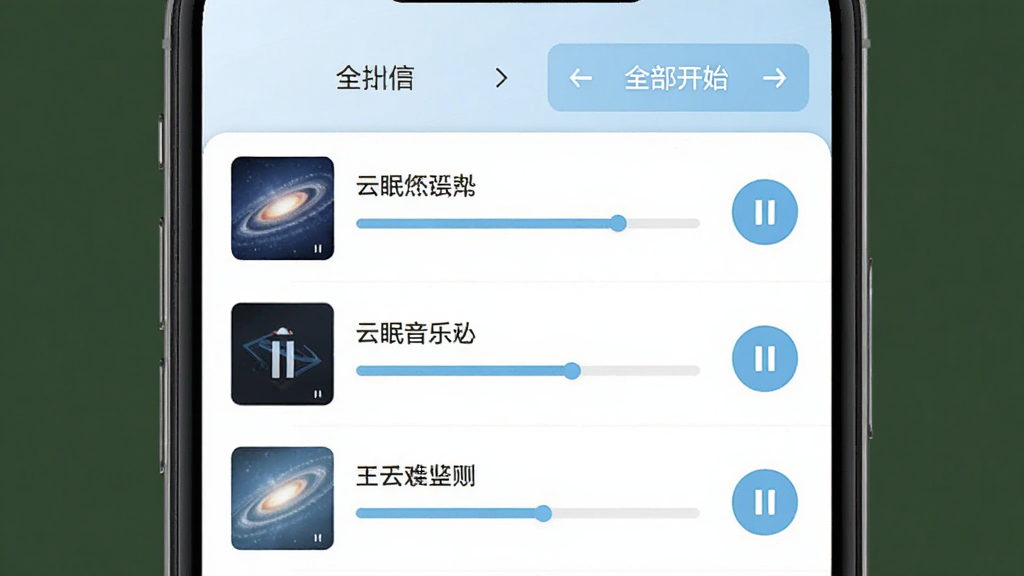 一张云眠音乐下载管理界面的预览图,手机屏幕显示正在下载的歌曲列表,每首歌曲右侧有进度条和暂停按钮,顶部有全部暂停和全部开始的操作选项,界面以白色和浅蓝色为主,风格清爽,细节清晰,画质干净,无多余元素