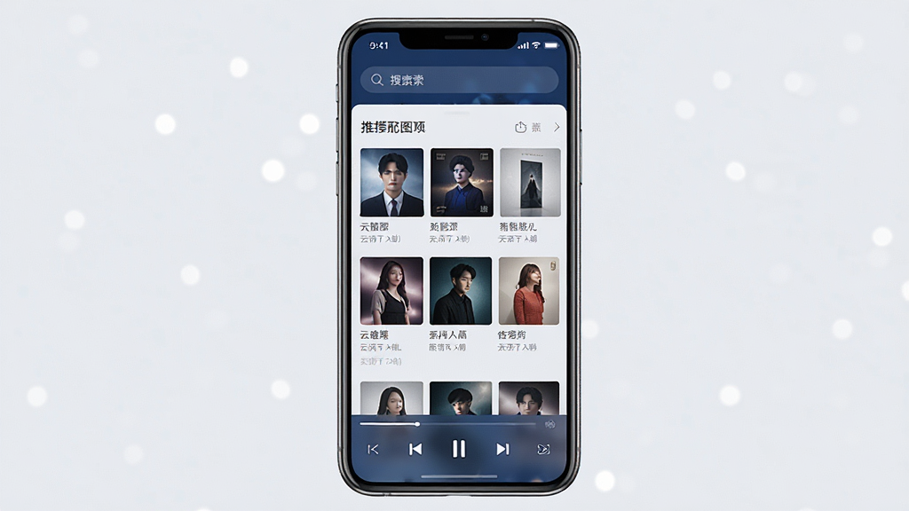 一张展示云眠音乐手机应用主界面的预览图,画面中央是一部竖屏智能手机,屏幕内显示音乐播放器的首页,顶部有搜索栏,中部是推荐歌单和专辑封面网格,底部是播放控制条,界面配色以深蓝和浅灰为主,风格简洁现代,细节清晰,画质干净,无多余元素