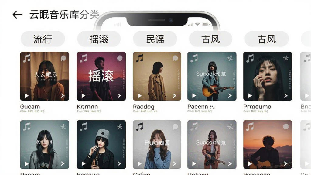 一张云眠音乐曲库分类界面的预览图,画面中手机屏幕显示多个音乐风格标签,如流行、摇滚、民谣、古风等,每个标签下方有对应的歌单封面,布局整齐,风格清新,细节清晰,画质干净,无多余元素