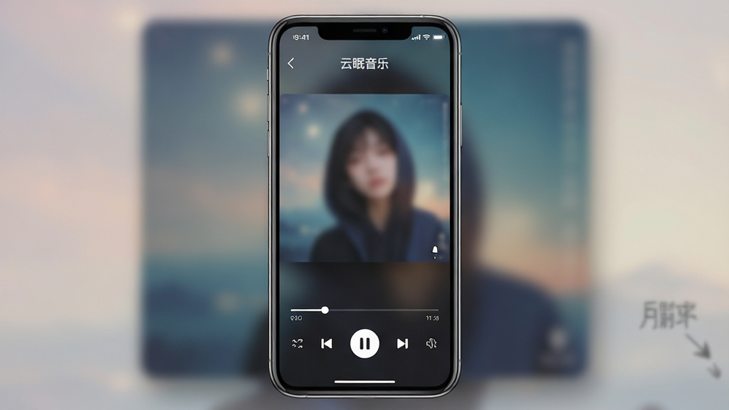 一张云眠音乐在手机上流畅运行的预览图,画面中手机屏幕显示播放界面,底部有进度条和播放控制按钮,背景是模糊的专辑封面,整体运行流畅,界面响应迅速,细节清晰,画质干净,无多余元素