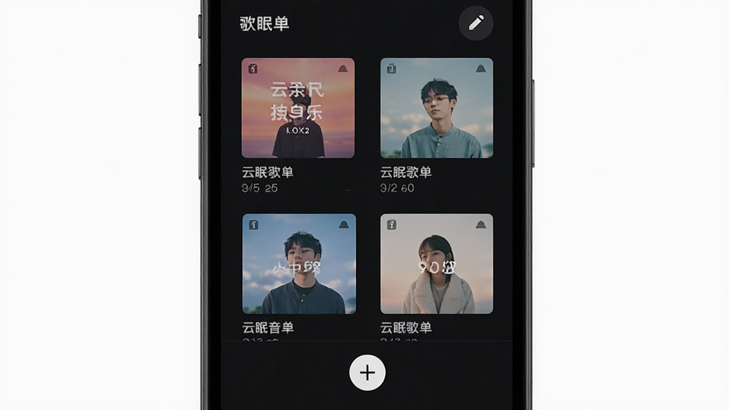 一张云眠音乐歌单管理界面的预览图,手机屏幕显示多个用户自建歌单卡片,每个卡片有封面图和歌曲数量,右上角有编辑按钮,底部有新建歌单的加号图标,界面布局清晰,风格简约,细节干净,画质清晰,无多余元素