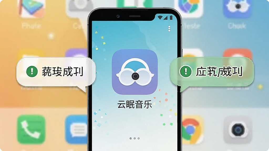 一张云眠音乐在安卓手机上安装完成的预览图,手机屏幕显示应用图标和名称,周围有安装成功的提示气泡,背景是手机桌面,风格简洁明快,细节清晰,画质干净,无多余元素