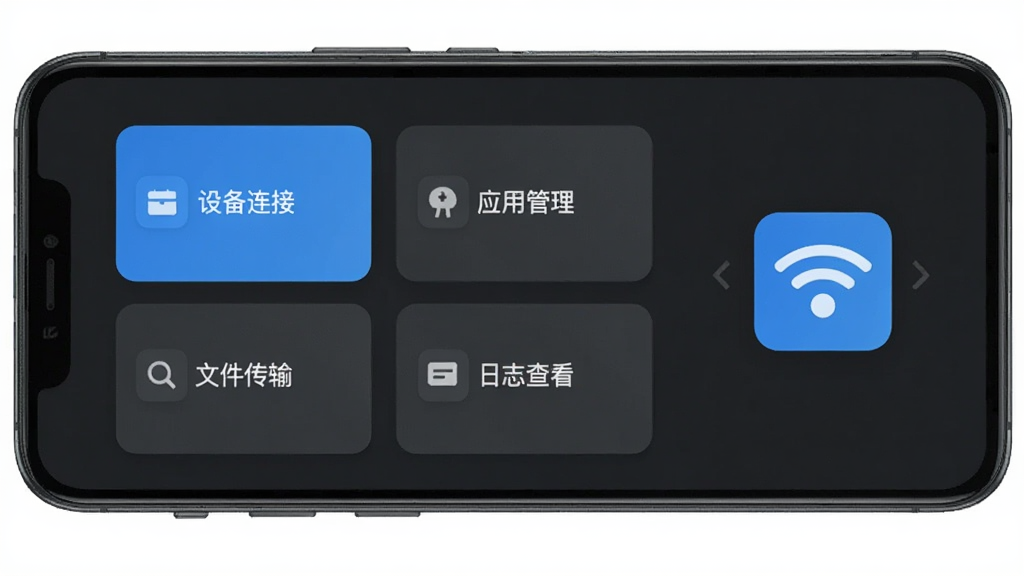 一张展示 AdbKit 安卓应用主界面的预览图,画面中央是一部竖屏智能手机,屏幕内显示 AdbKit 深色主题的操作面板,面板上有