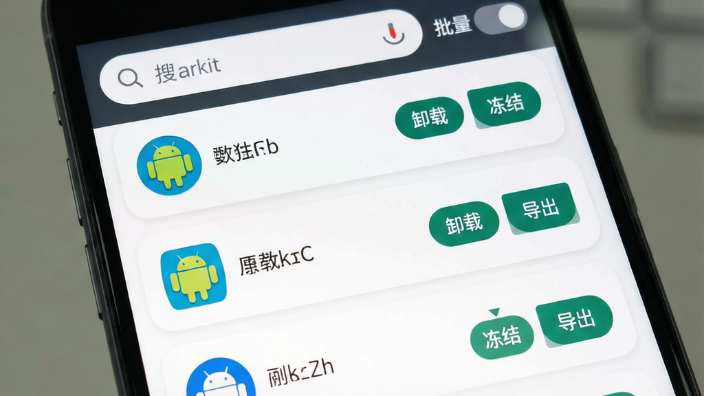 AdbKit 应用管理界面的功能展示图,画面为手机屏幕特写,屏幕内列出多个安卓应用图标与名称,每个条目右侧有