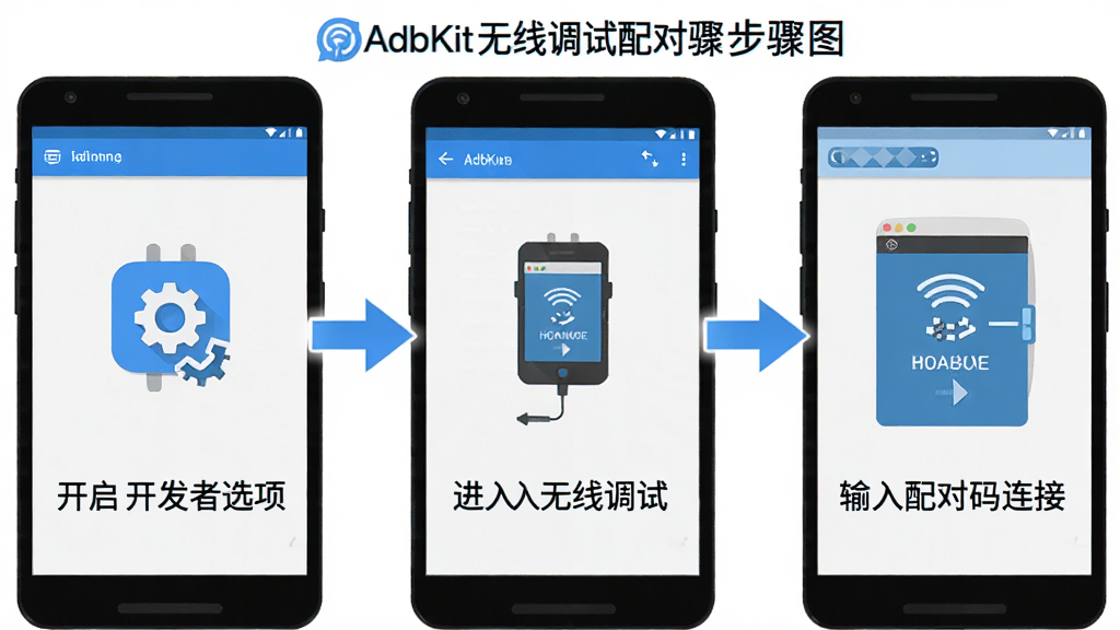 一张展示 AdbKit 无线调试配对步骤的示意图,画面为手机屏幕截图风格,分三步显示:第一步开启开发者选项,第二步进入无线调试,第三步输入配对码连接,每一步配有简洁的图标和箭头指引,整体布局清晰,风格为扁平化教程风,蓝白配色,文字清晰,画质干净,无多余元素
