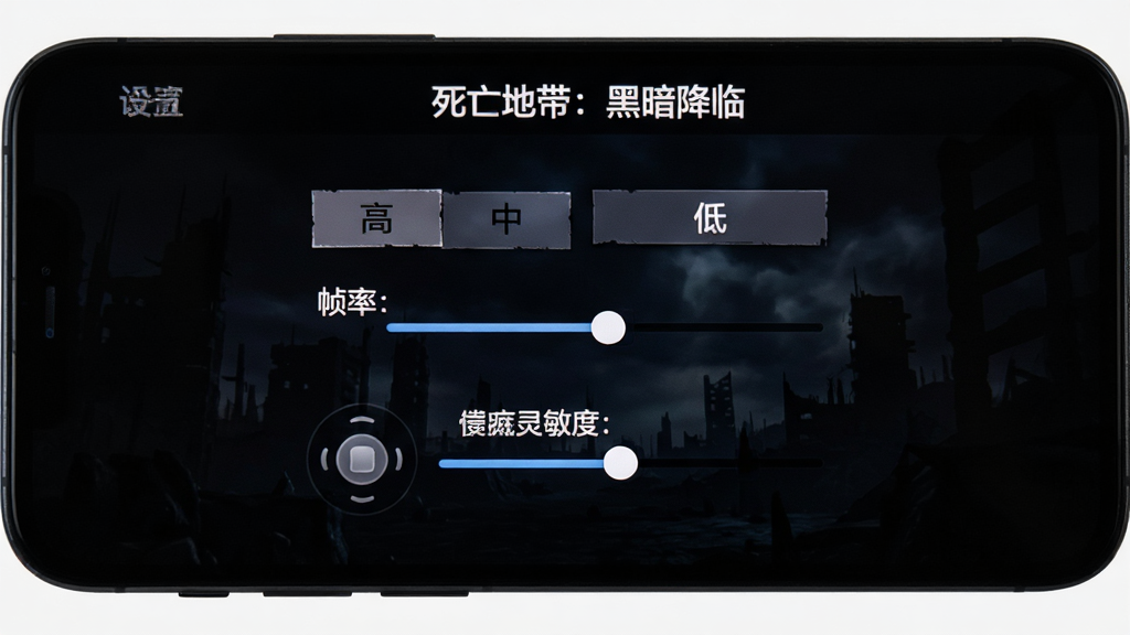 手机屏幕显示死亡地带黑暗降临游戏设置界面,画面中有画质选项、帧率滑块、虚拟摇杆灵敏度调节条,背景为暗色UI风格,细节包括中文按钮文字“高”“中”“低”,画质高清,干净,无多余元素,图片中文字“死亡地带:黑暗降临”