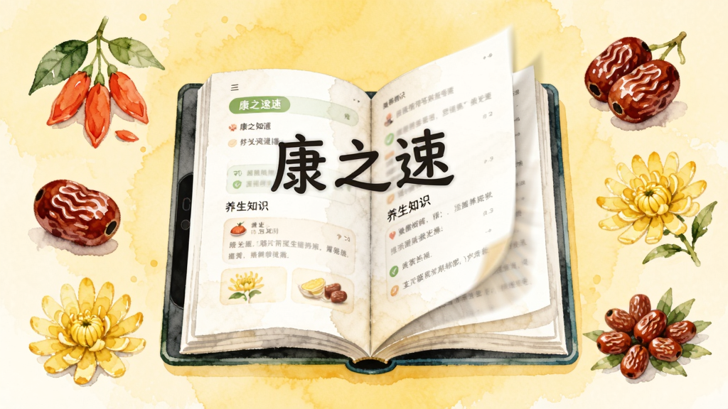 画面中央为一本展开的电子书,书页上显示“康之速”养生知识界面,周围环绕着枸杞、红枣、菊花等食材插画,布局为居中对称,风格为清新水彩风,细节上书页有轻微翻页动效感,背景为暖黄色,画质清晰,干净,无多余元素