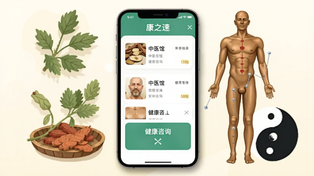 画面中央展示一部智能手机,手机屏幕上显示“康之速”应用主界面,界面包含中医馆列表和健康咨询入口,手机周围环绕着中医元素如草药、针灸铜人、太极图案,背景为淡雅的米白色,整体布局为居中构图,风格为扁平化插画,细节上手机边缘有柔和阴影,画质清晰,干净,无多余元素