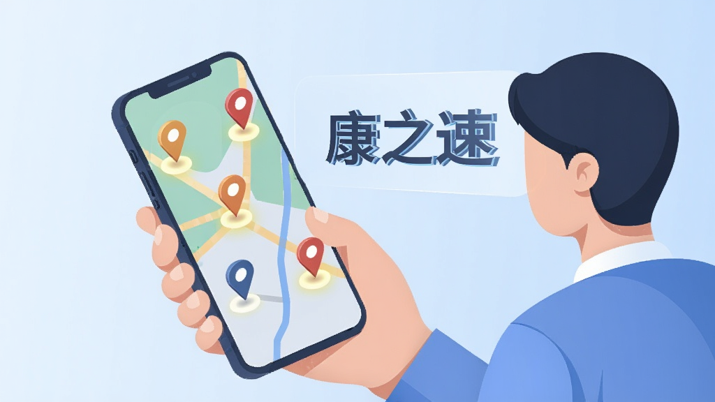 画面主体为一位用户手持手机,手机屏幕显示地图界面,地图上有多个中医馆标记点,用户身边浮现出“康之速”三个字,布局采用对角线构图,风格为现代扁平插画,细节上地图标记点带有微光效果,背景为浅蓝色渐变,画质清晰,干净,无多余元素