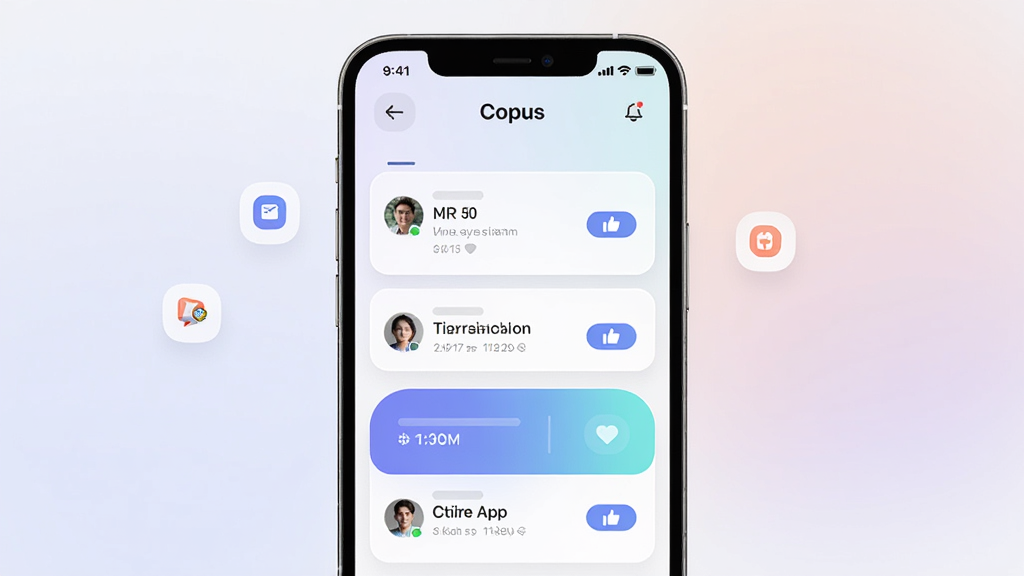 Copus App �����罻Ӧ�ý���չʾ������Ϊһ�������ֻ�����Ļ��ʾCopus App����ҳ��Ϣ��������Ϊ���»�����Ƭʽ��ƣ��Ű������в�Σ����Ϊ�ִ�����Ƽ��У�ϸ�ڰ���Բ��ͼ�ꡢ��ͽ��䱳�����û�ͷ������ް�ť������Ϊ����4K���ɾ��޶���Ԫ��