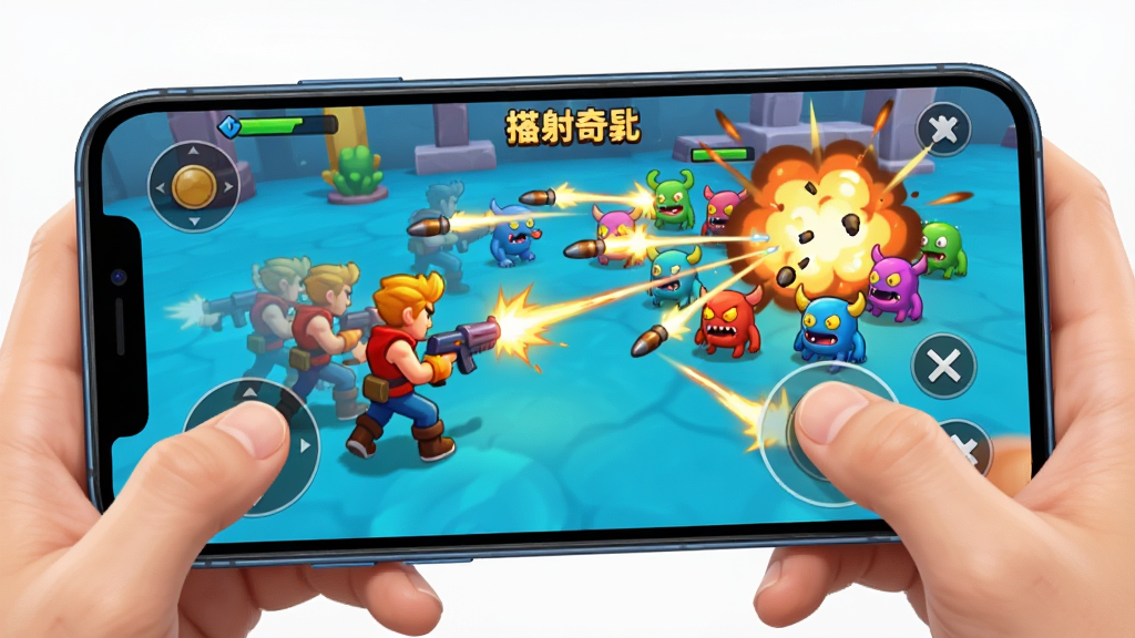 一位游戏玩家单手握着手机,屏幕上显示爆射奇兵游戏画面,角色正在自动射击一群彩色的小怪物,玩家另一只手在屏幕上滑动控制走位。布局为第一人称视角的手机屏幕特写,排版清晰展示游戏UI与战斗场景。风格为明亮活泼的卡通风格,细节包括角色残影、子弹轨迹、爆炸特效。画质清晰,画面干净无多余元素。