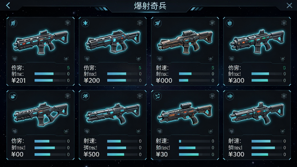 爆射奇兵游戏内的武器选择界面,展示多把造型各异的科幻枪械悬浮在屏幕中央,每把武器下方标注着伤害、射速、弹容量等属性条。布局采用网格排列,排版整齐,风格为科技感十足的深色UI设计,细节包括武器发光轮廓、属性图标、背景星空。画质高清,画面干净无多余元素。