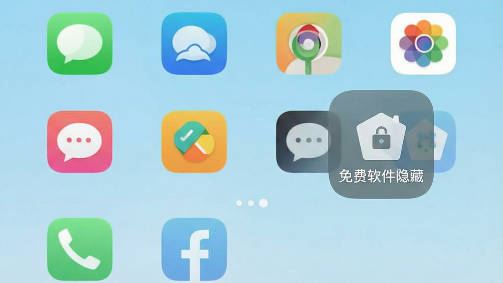 一张手机桌面截图,画面中央是一个干净的手机主屏幕,桌面上散落着几个普通的应用图标,旁边有一个半透明的“免费软件隐藏”应用图标正在逐渐淡出消失,背景是浅蓝色渐变,整体风格简洁明快,画质清晰,干净无多余元素