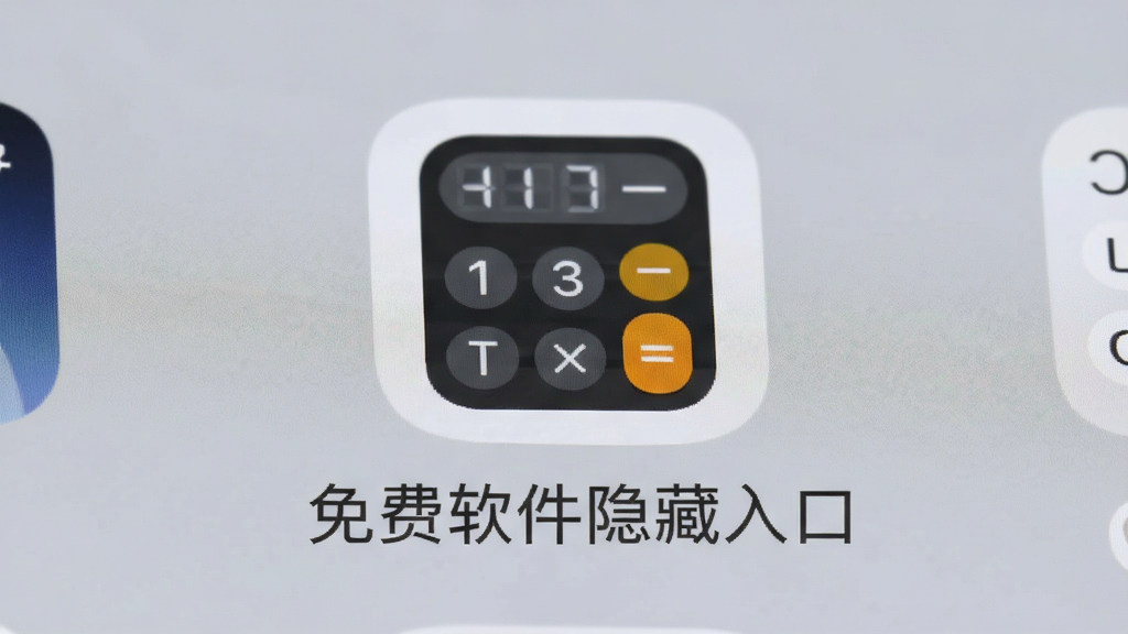 手机桌面局部截图,显示一个计算器图标,图标下方标注“免费软件隐藏入口”,图标设计简洁,背景是浅灰色,风格低调不显眼,画质清晰,干净无多余元素