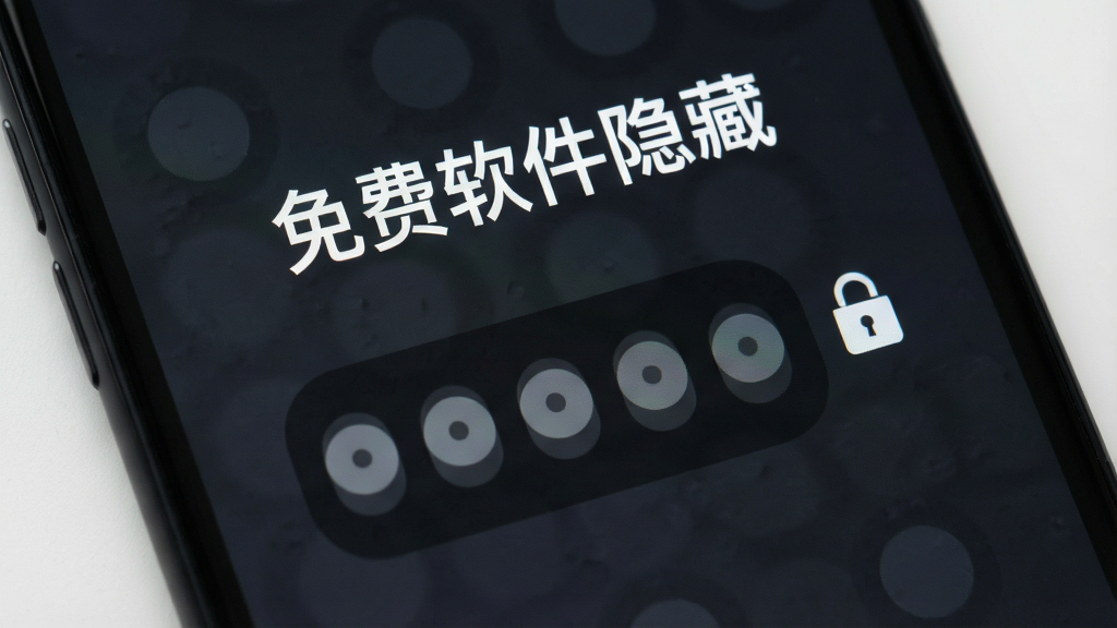 手机屏幕特写,显示一个密码输入界面,界面上方写着“免费软件隐藏”,下方是六个圆点密码框,背景是深色磨砂质感,旁边有一个小锁图标,风格简约安全,画质清晰,干净无多余元素