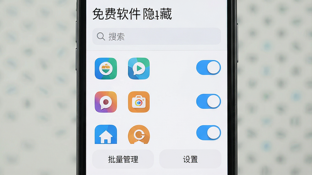 手机屏幕显示免费软件隐藏的应用列表界面,界面上方有“免费软件隐藏”标题和搜索框,中间是多个应用图标和右侧的开关按钮,底部有“批量管理”和“设置”两个按钮,界面风格清爽,画质清晰,干净无多余元素