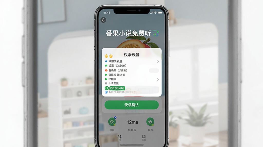 番果小说免费听 手机安装界面 显示权限设置与安装确认按钮 简洁风格 竖版 高清画质 干净无多余元素
