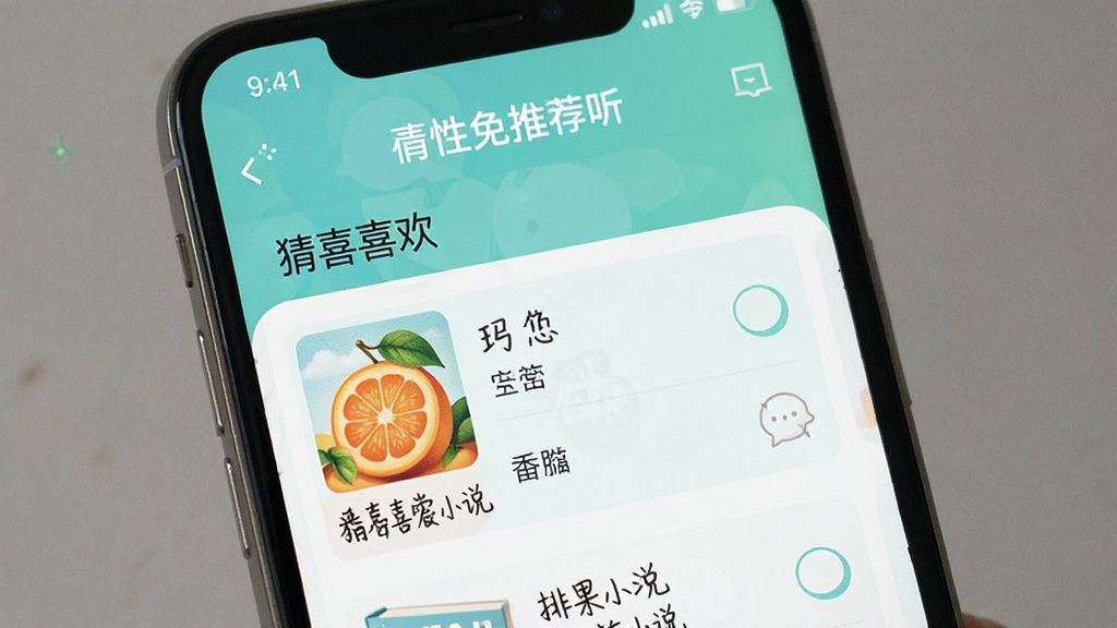 番果小说免费听 个性化推荐页面 手机屏幕展示猜你喜欢小说列表 清新配色 高清画质 干净无多余元素